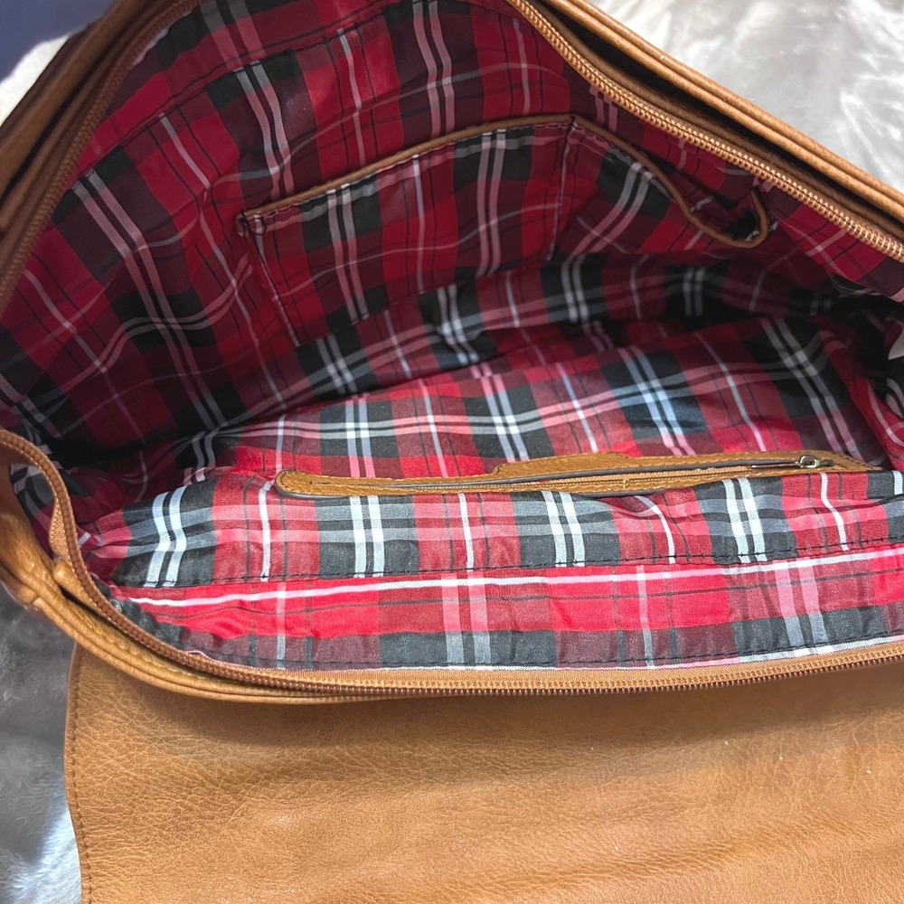 Vintage Style Tan Faux Leather Satchel Bag Plaid Lining Handle Shoulder Strap - Picture 4 of 13